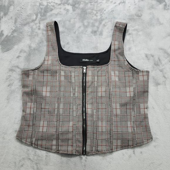 Torrid Studio Top Womens 0 12/L Black Red White Plaid Square Neck Zip Up Corset - Picture 1 of 9